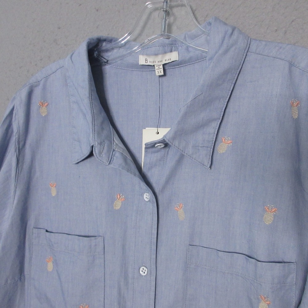Skies Are Blue Top Tunic Plus 1X Blue Pineapple Embroidered Chambray‎ Tencel NWT